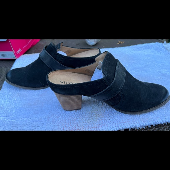 Vionic Shoes - Vionic suede with smooth leather strap with adjustable elastic:heeled mule.